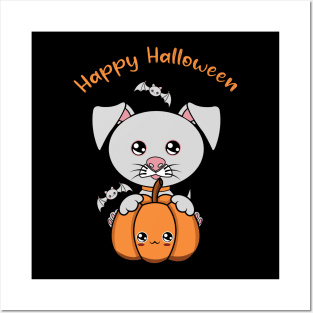 Happy Halloween Cute dog, Kawaii black dog with pumpkin Posters and Art